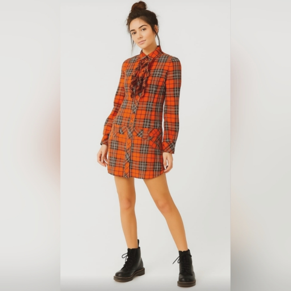 E-Land Plaid Tartan Ruffle Button Cotton Tunic Dress Jacket Pockets Orange Green